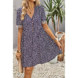 Leopard V Neck Button Hem Lace Ruffle A Line Dress - MVTFASHION