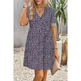 Leopard V Neck Button Hem Lace Ruffle A Line Dress - MVTFASHION