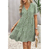 Leopard V Neck Button Hem Lace Ruffle A Line Dress - MVTFASHION