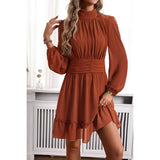 Mock Neck Self Belt Ruched Lined Ruffle Dress - MVTFASHION