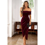 Off Shoulder Ruched Fit Solid Velvet Dress - MVTFASHION