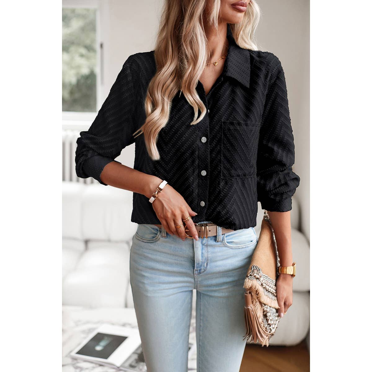 Open Front Button Pocket Lined Loose Blouse - MVTFASHION.COM