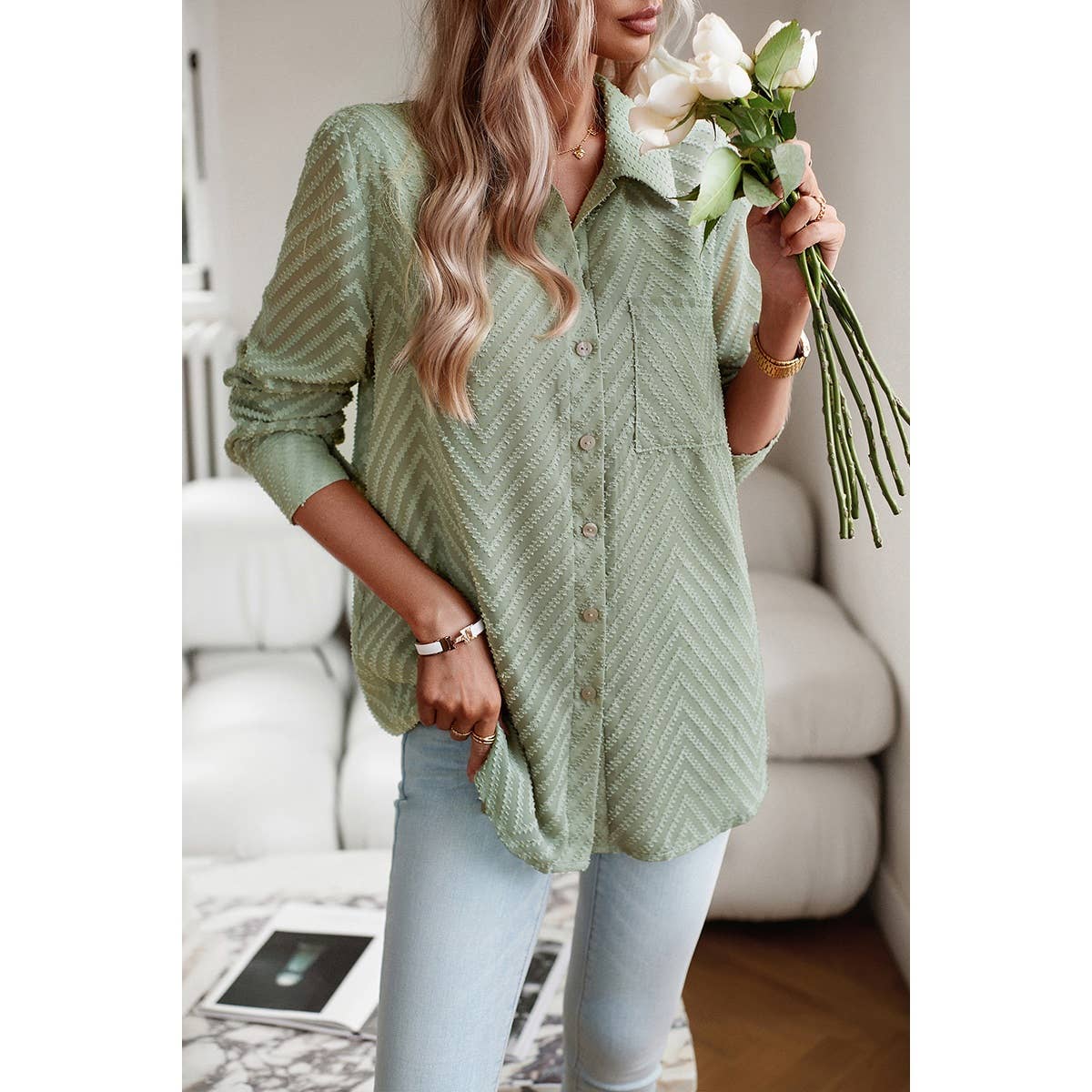 Open Front Button Pocket Lined Loose Blouse - MVTFASHION.COM