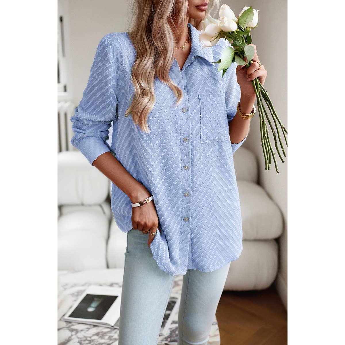 Open Front Button Pocket Lined Loose Blouse - MVTFASHION.COM