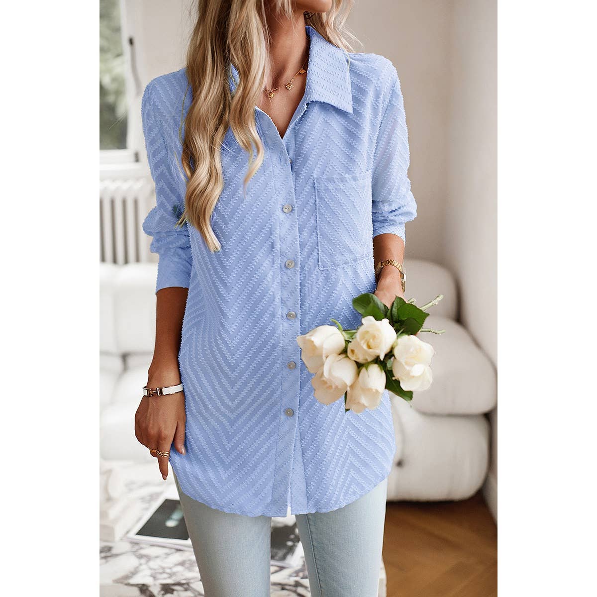 Open Front Button Pocket Lined Loose Blouse - MVTFASHION.COM