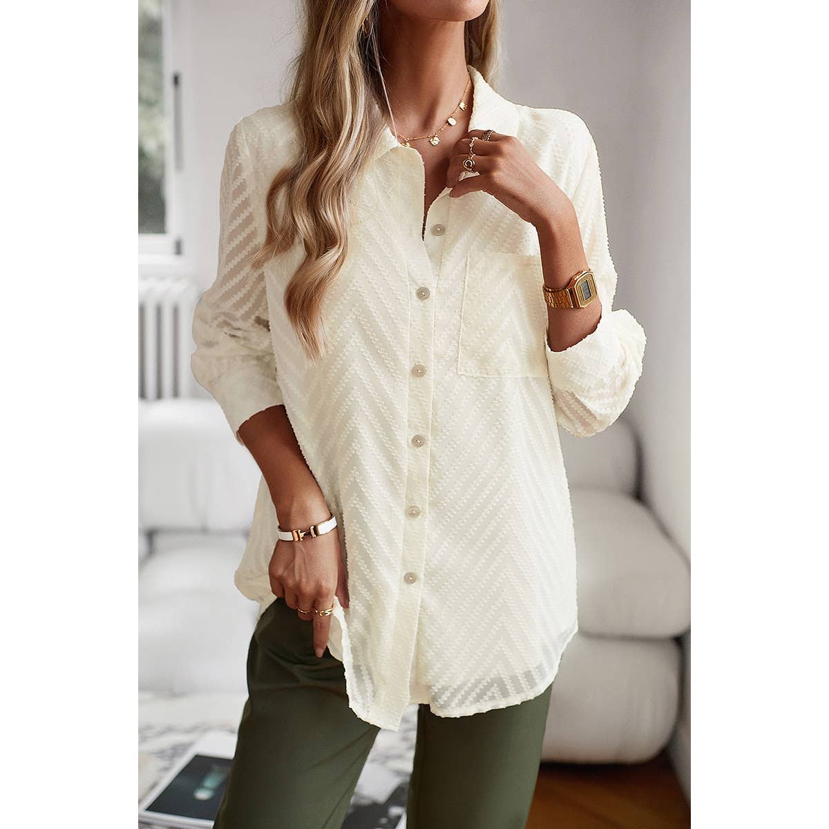 Open Front Button Pocket Lined Loose Blouse - MVTFASHION.COM