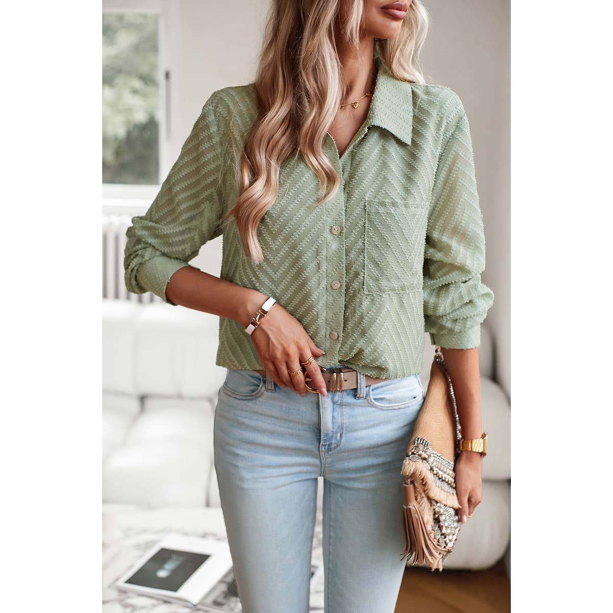 Open Front Button Pocket Lined Loose Blouse - MVTFASHION.COM