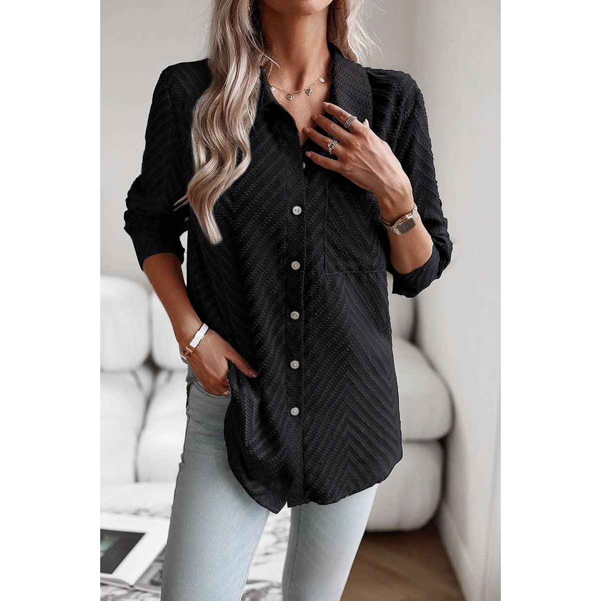Open Front Button Pocket Lined Loose Blouse - MVTFASHION.COM