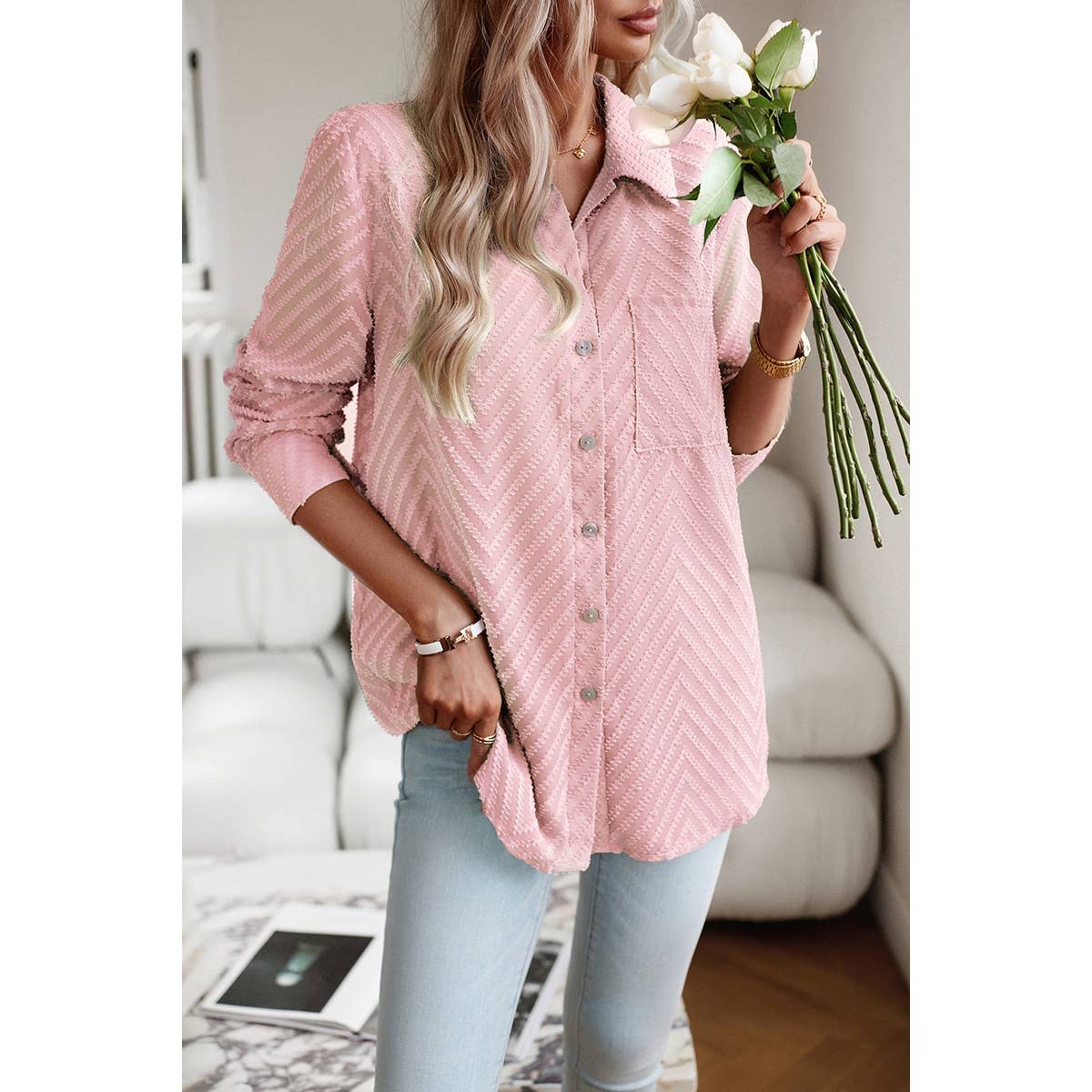 Open Front Button Pocket Lined Loose Blouse - MVTFASHION.COM