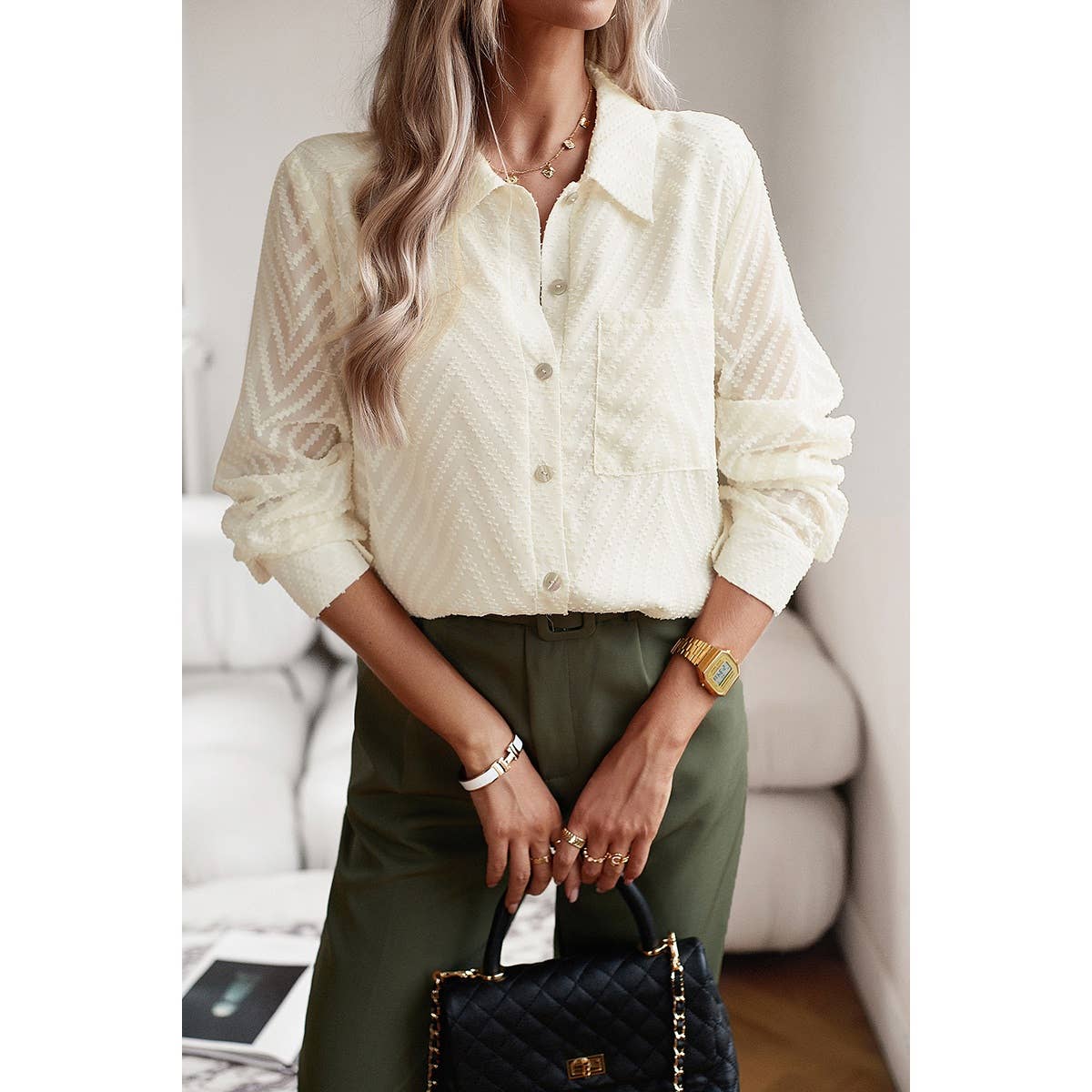 Open Front Button Pocket Lined Loose Blouse - MVTFASHION.COM