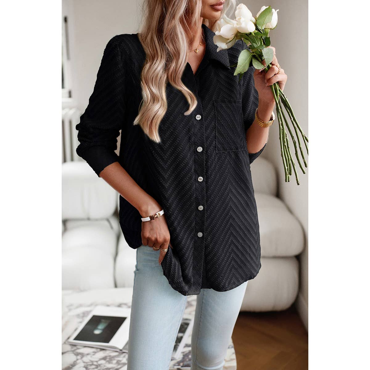Open Front Button Pocket Lined Loose Blouse - MVTFASHION.COM