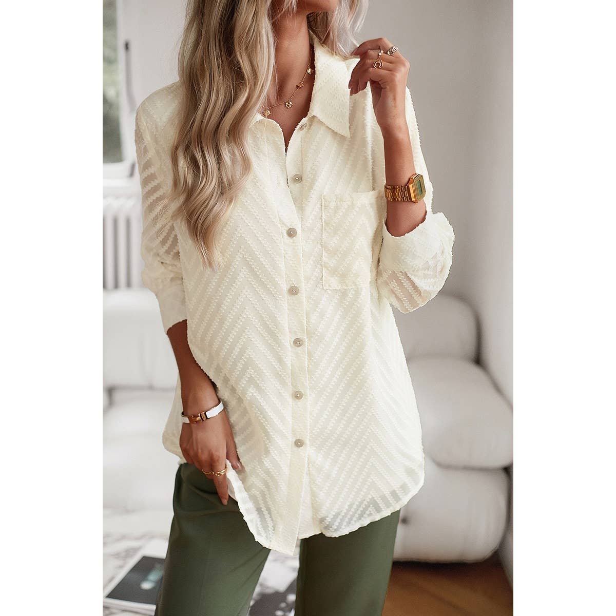 Open Front Button Pocket Lined Loose Blouse - MVTFASHION.COM