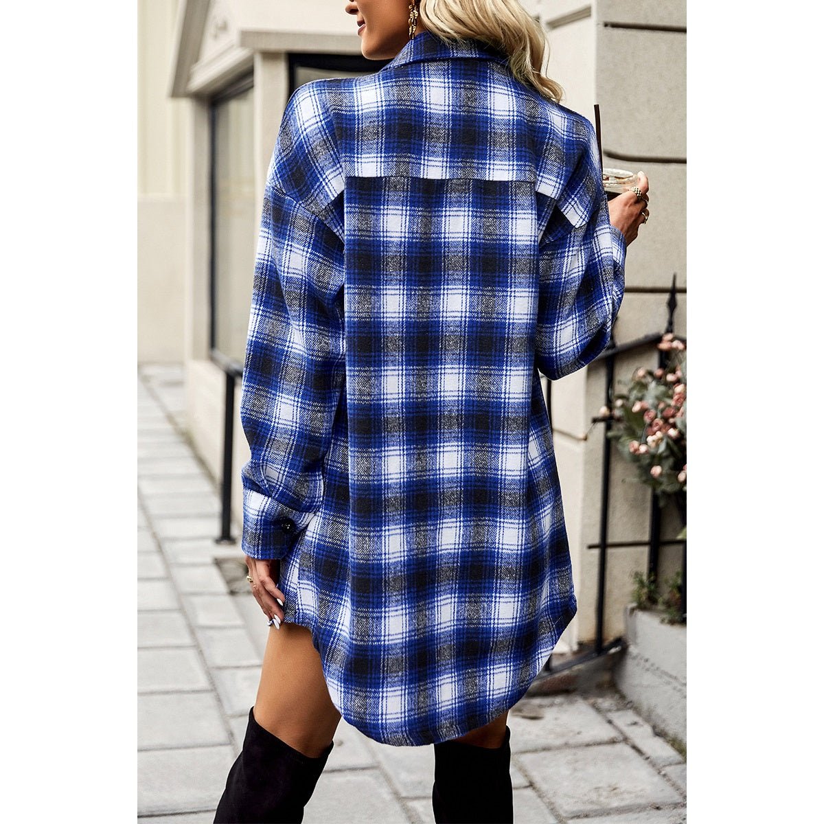 Plaid Front Open Button Blouse Pocket Coat - MVTFASHION.COM