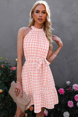 Plaid Ruffle Halter Dress - MVTFASHION