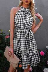 Plaid Ruffle Halter Dress - MVTFASHION