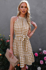 Plaid Ruffle Halter Dress - MVTFASHION