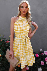 Plaid Ruffle Halter Dress - MVTFASHION