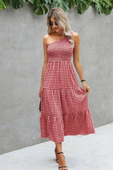 Plaid Ruffled One-Shoulder Maxi Dress - MVTFASHION