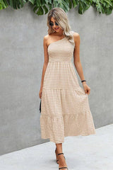 Plaid Ruffled One-Shoulder Maxi Dress - MVTFASHION