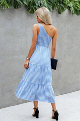 Plaid Ruffled One-Shoulder Maxi Dress - MVTFASHION