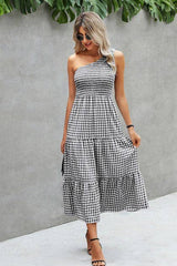 Plaid Ruffled One-Shoulder Maxi Dress - MVTFASHION