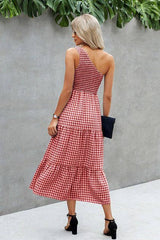 Plaid Ruffled One-Shoulder Maxi Dress - MVTFASHION