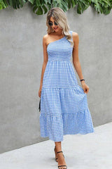 Plaid Ruffled One-Shoulder Maxi Dress - MVTFASHION