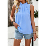 Pleated Ruched High Neck Sleeveless Blouson Top - MVTFASHION.COM