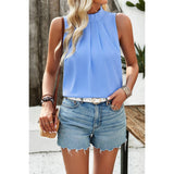 Pleated Ruched High Neck Sleeveless Blouson Top - MVTFASHION.COM