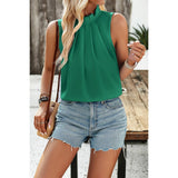 Pleated Ruched High Neck Sleeveless Blouson Top - MVTFASHION.COM