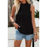 Pleated Ruched High Neck Sleeveless Blouson Top - MVTFASHION.COM