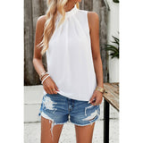 Pleated Ruched High Neck Sleeveless Blouson Top - MVTFASHION.COM