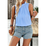 Pleated Ruched High Neck Sleeveless Blouson Top - MVTFASHION.COM