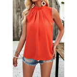 Pleated Ruched High Neck Sleeveless Blouson Top - MVTFASHION.COM