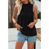 Pleated Ruched High Neck Sleeveless Blouson Top - MVTFASHION.COM