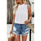 Pleated Ruched High Neck Sleeveless Blouson Top - MVTFASHION.COM