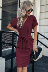 Pocketed V Neck Belted Dress - MVTFASHION