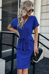 Pocketed V Neck Belted Dress - MVTFASHION