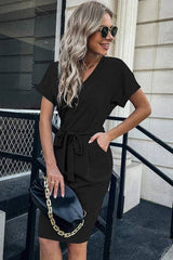 Pocketed V Neck Belted Dress - MVTFASHION