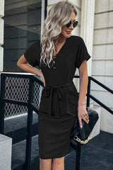 Pocketed V Neck Belted Dress - MVTFASHION