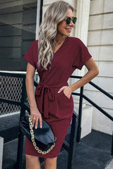 Pocketed V Neck Belted Dress - MVTFASHION