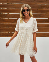 Polka Dot V Neck Ruffle Tunic Dress - MVTFASHION