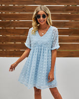 Polka Dot V Neck Ruffle Tunic Dress - MVTFASHION