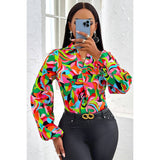 Printed Lantern Sleeve V Neck Shirt - MVTFASHION