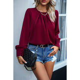 Round Neck Ruched Puff Sleeve Loose Top - MVTFASHION.COM