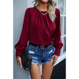 Round Neck Ruched Puff Sleeve Loose Top - MVTFASHION.COM