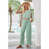 Round Neck Two Pieces Elastic Waist Fit Solid Sets - MVTFASHION.COM