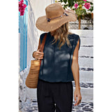 Ruched Sleeveless Loose Fit Solid Round Neck Top - MVTFASHION.COM