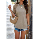 Ruched Solid Hollow Out Sleeves Round Neck Fit Top - MVTFASHION.COM