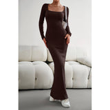 Ruched Square Neck Wrap Long Sleeve Full Dress - MVTFASHION